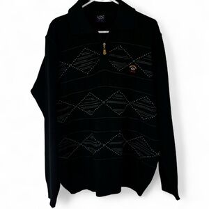 Paul & Shark Quarter-Zip Knit Black Pullover Sweater with Geometric Pattern